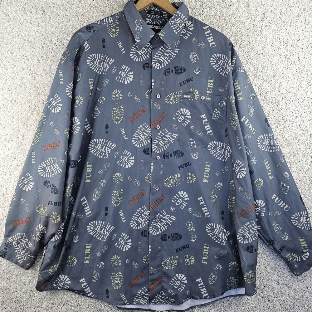 Vintage Fubu All Over Shoe Print Spellout Button Down Shirt 3XL Y2K Streetware